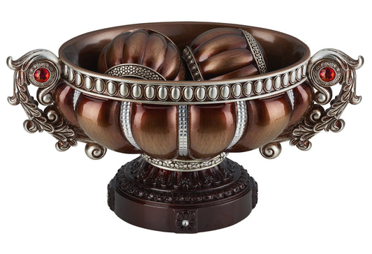 9" Reddish Bronze And Silver Polyresin Decorative Bowl With Orbs W2B