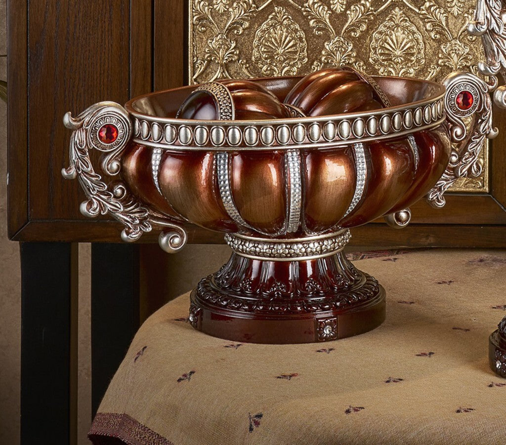 9" Reddish Bronze And Silver Polyresin Decorative Bowl With Orbs W2B
