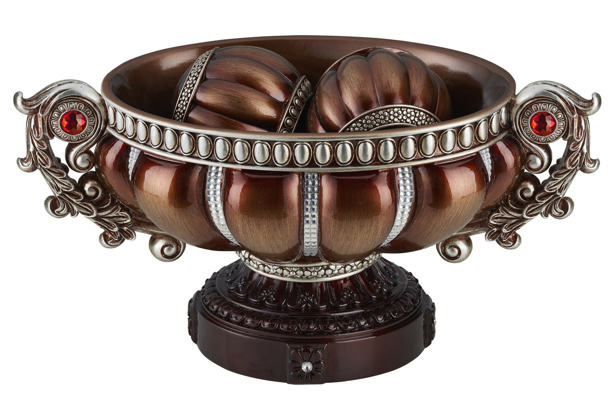 9" Reddish Bronze And Silver Polyresin Decorative Bowl With Orbs W2B