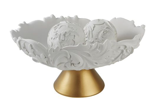 9" Matte Gold And White Polyresin Decorative Bowl With Orbs W2B