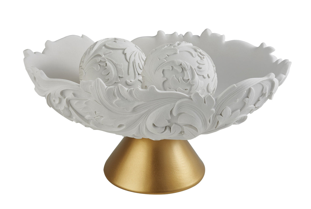 9" Matte Gold And White Polyresin Decorative Bowl With Orbs W2B
