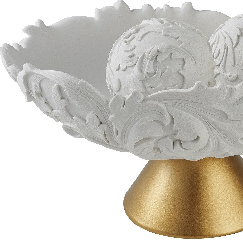 9" Matte Gold And White Polyresin Decorative Bowl With Orbs W2B