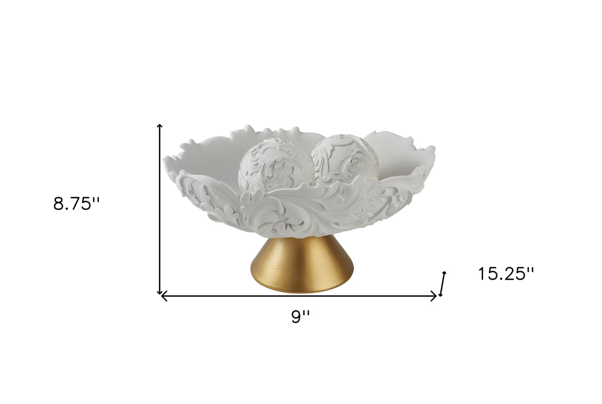 9" Matte Gold And White Polyresin Decorative Bowl With Orbs W2B