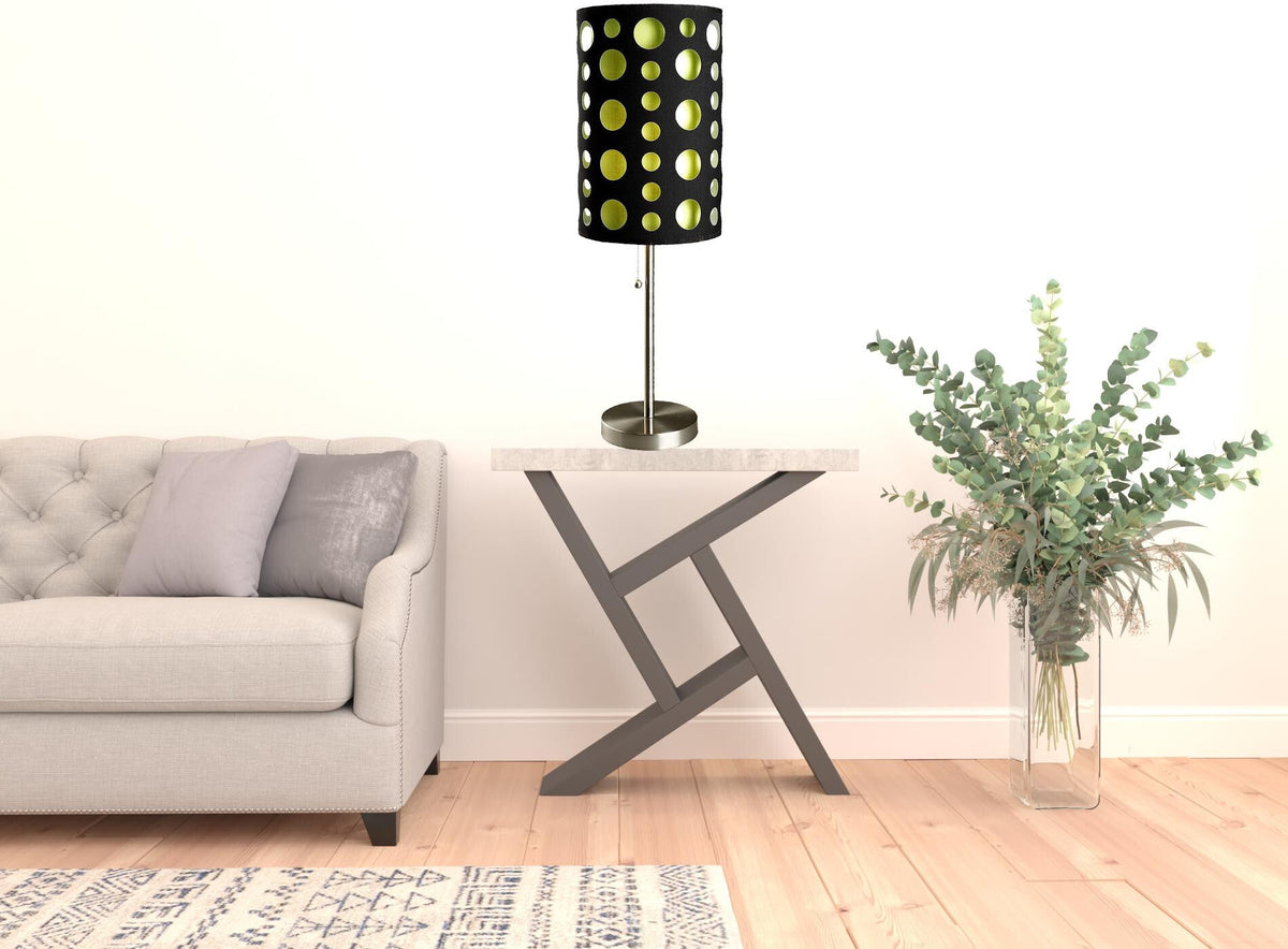33" Silver Metal Mod Table Lamp With Black And Green Drum Shade W2B