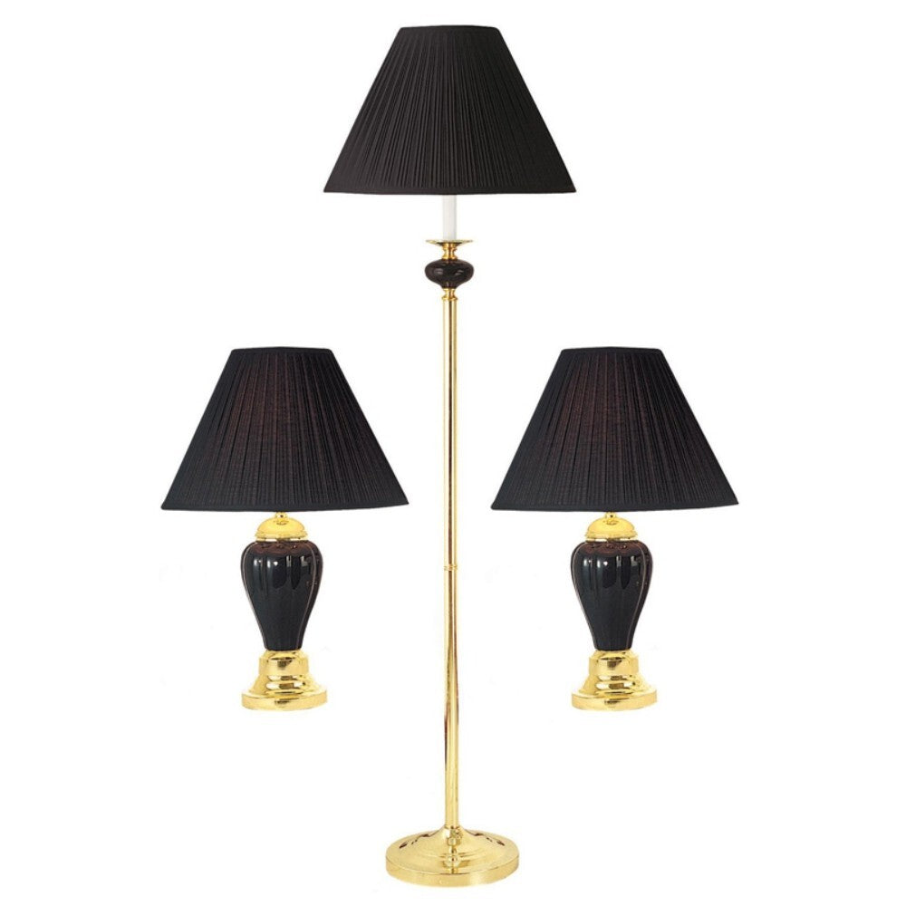 Set Of Three 64" Gold Ceramic Bedside Floor and Table Lamp Set With Black Empire Shade W2B