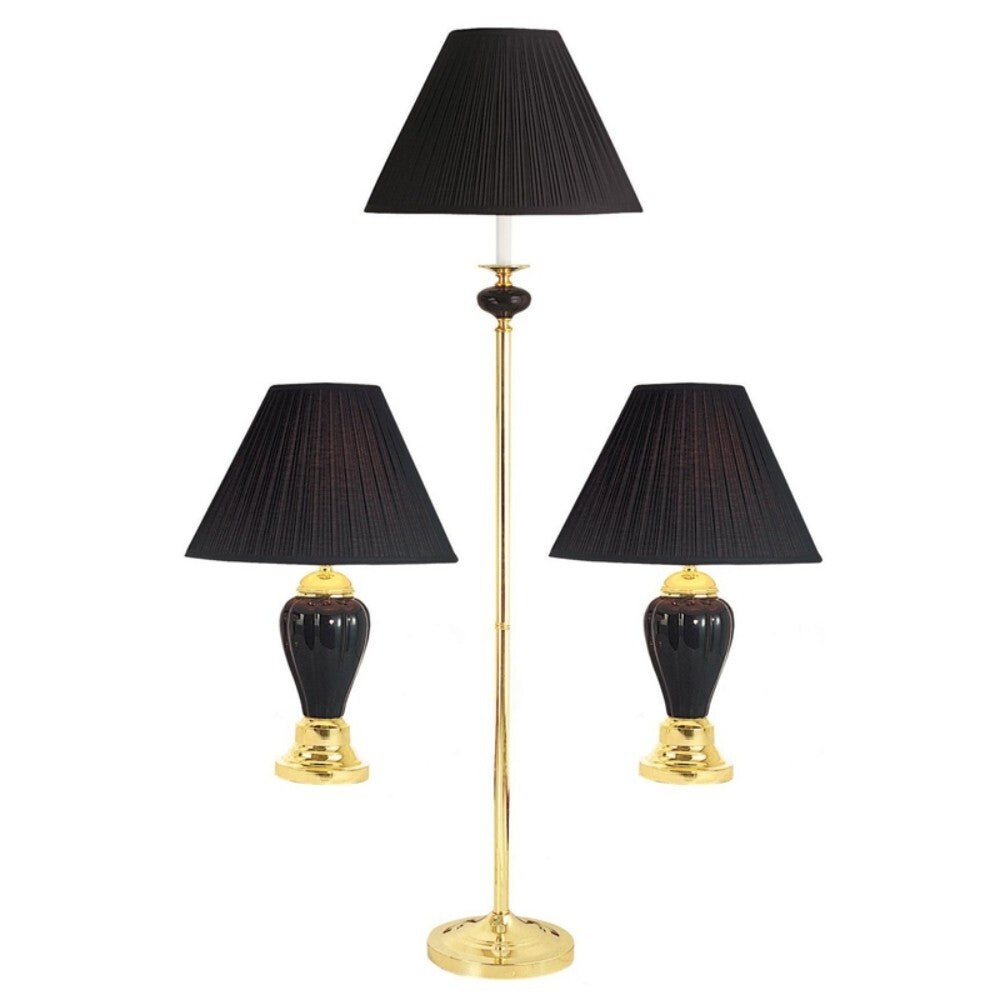 Set Of Three 64" Gold Ceramic Bedside Floor and Table Lamp Set With Black Empire Shade W2B