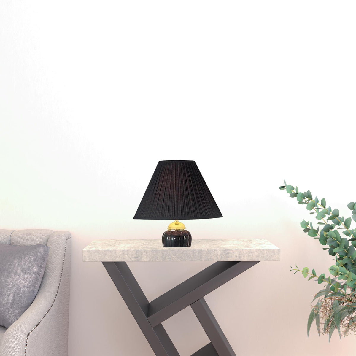 Set Of Three 64" Gold Ceramic Bedside Floor and Table Lamp Set With Black Empire Shade W2B