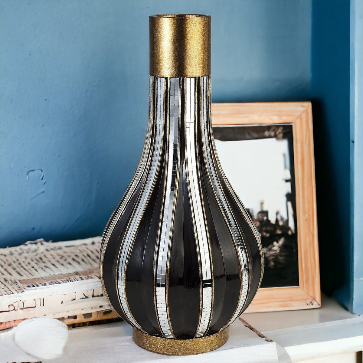 16" Gold and Black Striped Bud Polyresin Table Vase W2B