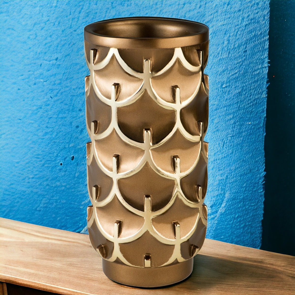 14" Polyresin Gold Geometric Cylinder Table Vase W2B