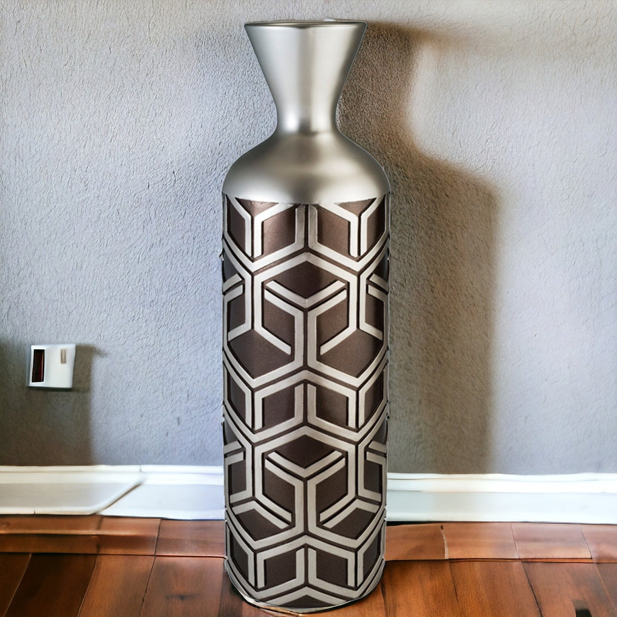 22" Brown and Silver Geometric Cylinder Polyresin Floor Vase W2B