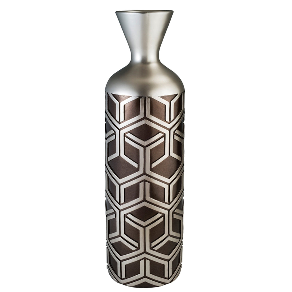 22" Brown and Silver Geometric Cylinder Polyresin Floor Vase W2B