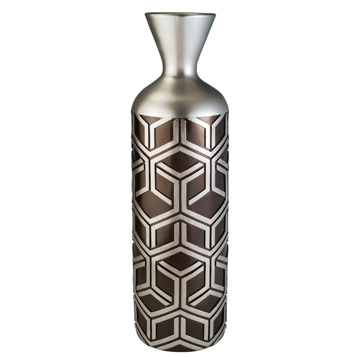 22" Brown and Silver Geometric Cylinder Polyresin Floor Vase W2B