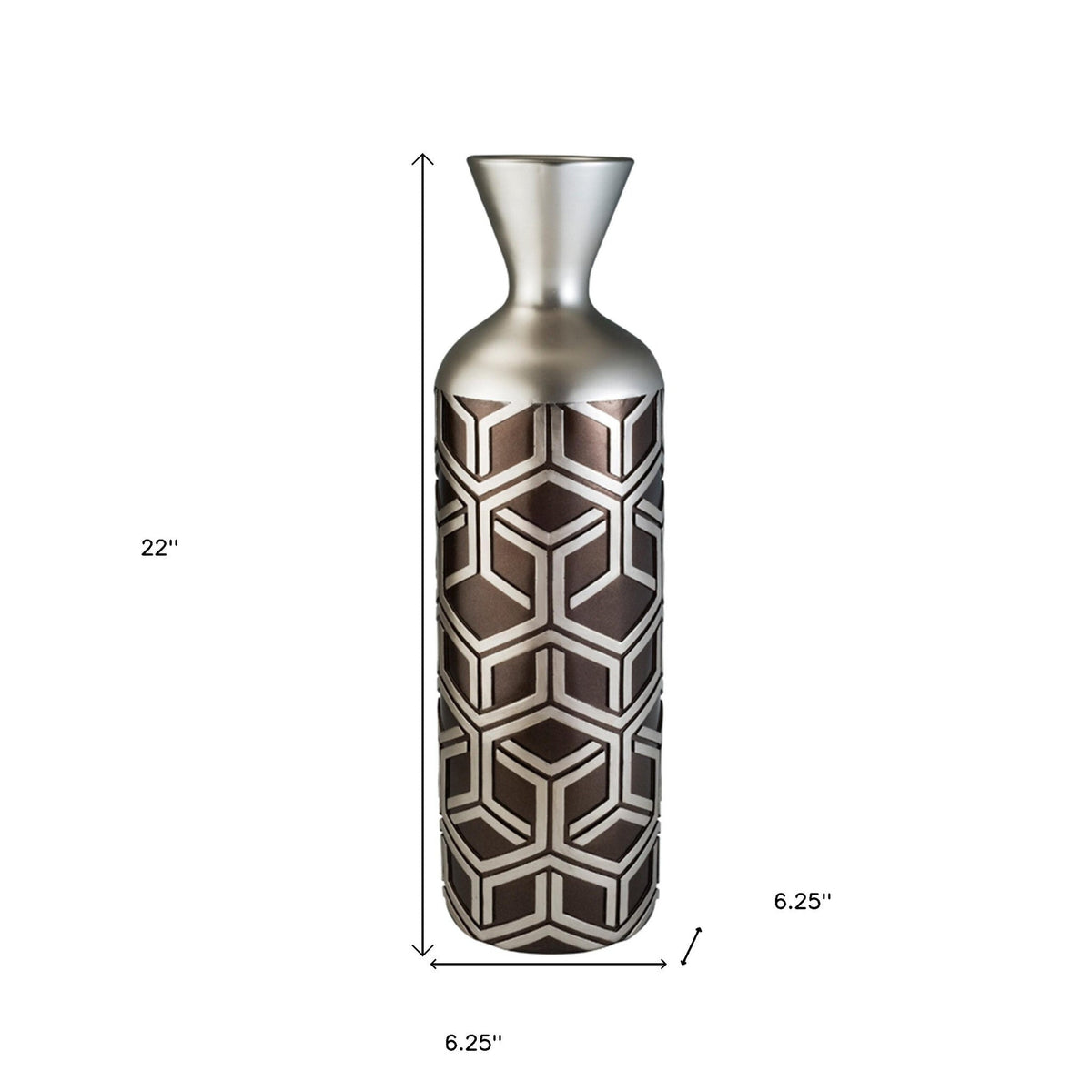 22" Brown and Silver Geometric Cylinder Polyresin Floor Vase W2B