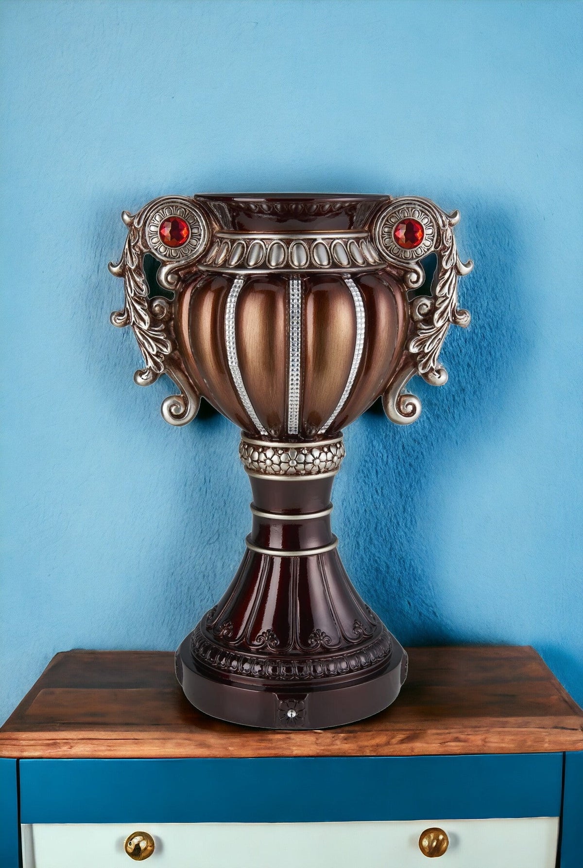 18" Bronze and Silver Floral Urn Polyresin Table Vase With Stones W2B