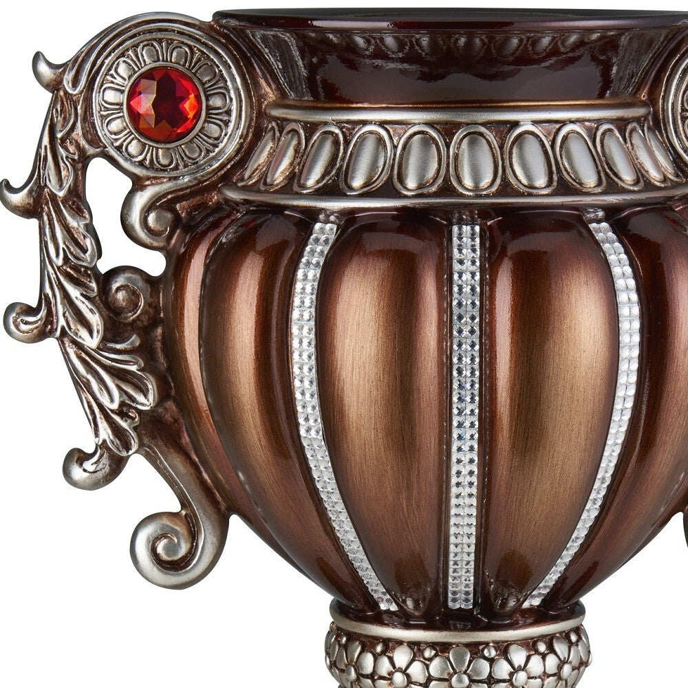 18" Bronze and Silver Floral Urn Polyresin Table Vase With Stones W2B