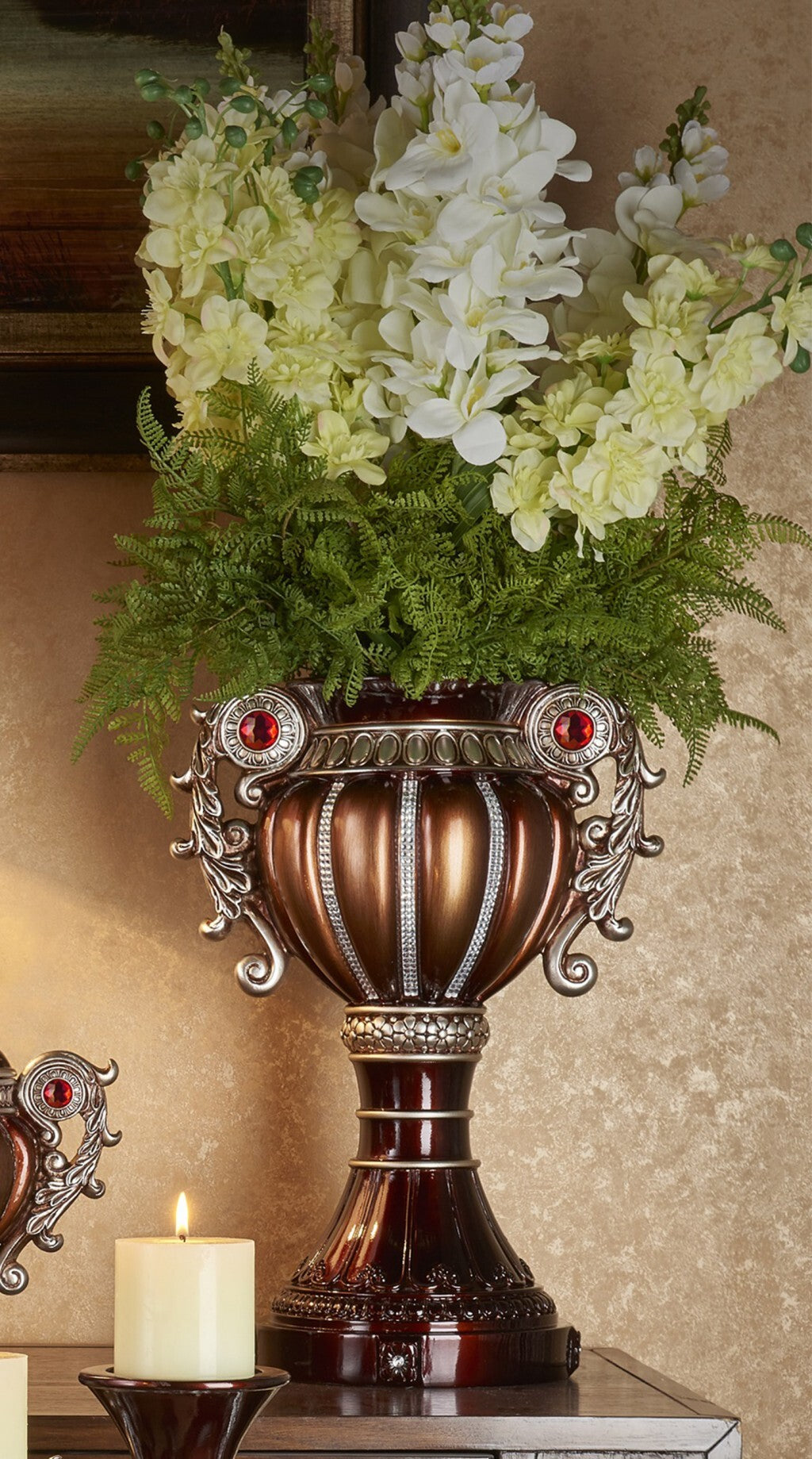 18" Bronze and Silver Floral Urn Polyresin Table Vase With Stones W2B