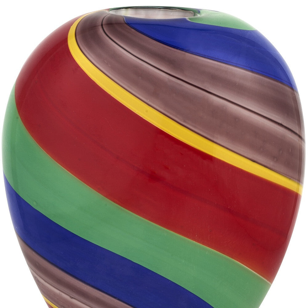 9" Red Blue and Green Striped Round Glass Table Vase W2B