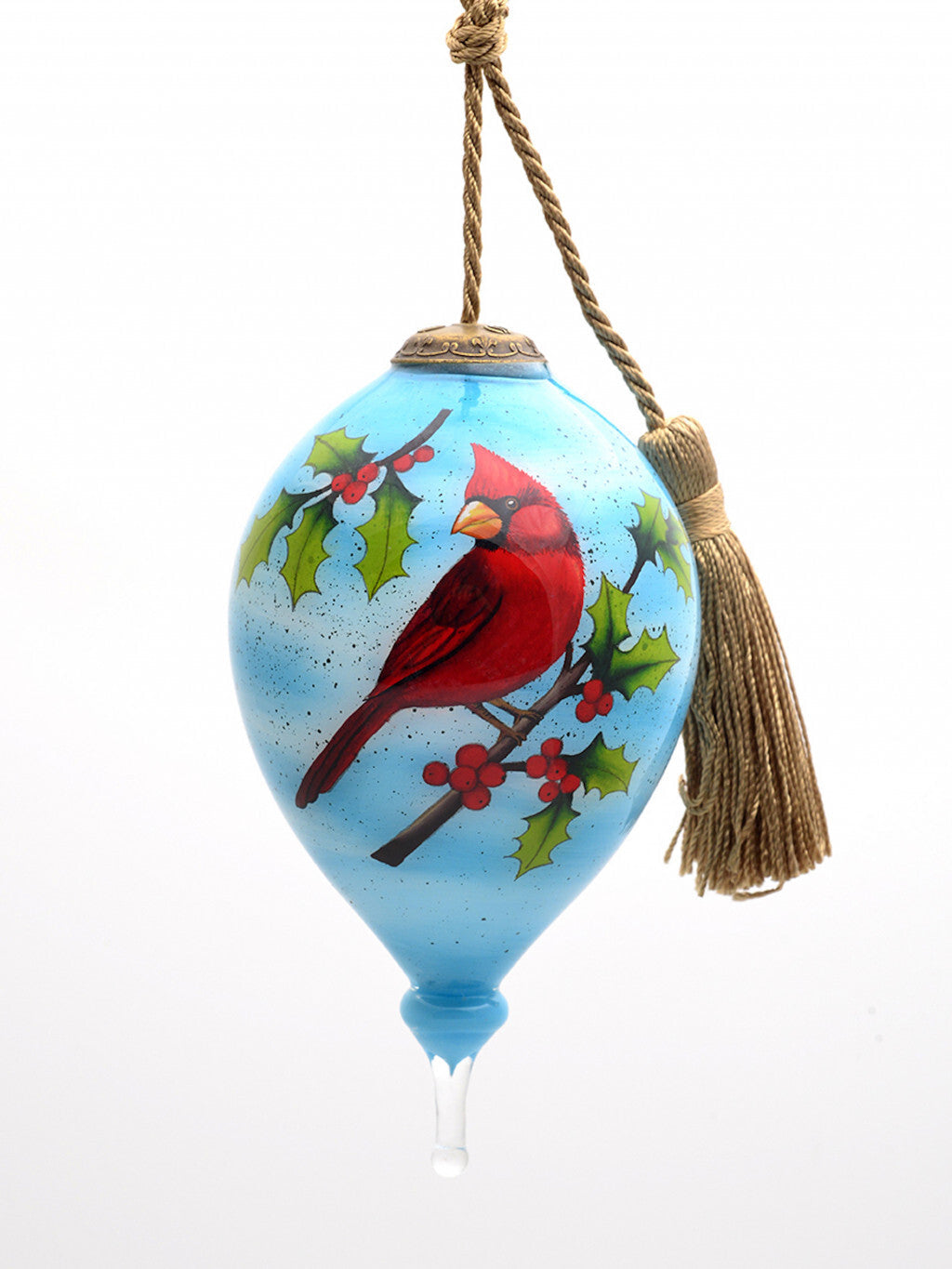 Red Cardinal on Christmas Holly Branches Hand Painted Mouth Blown Glass Ornament W2B
