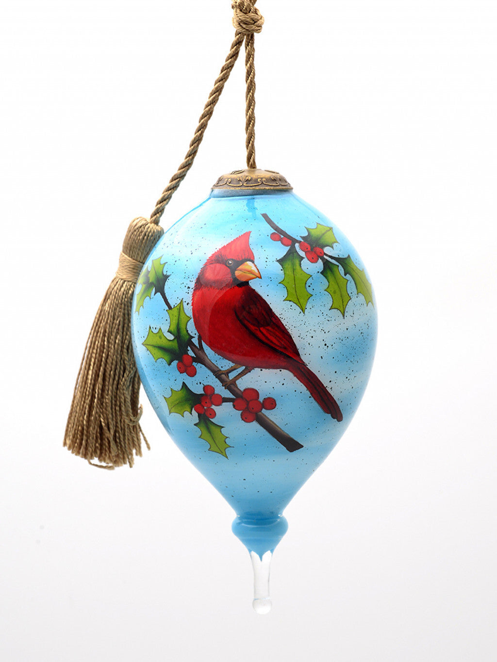 Red Cardinal on Christmas Holly Branches Hand Painted Mouth Blown Glass Ornament W2B