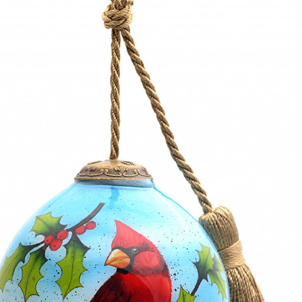 Red Cardinal on Christmas Holly Branches Hand Painted Mouth Blown Glass Ornament W2B