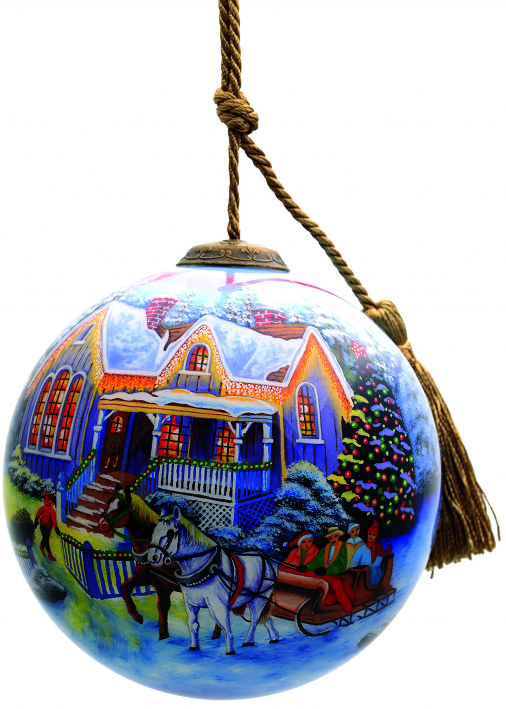 Christmas Home and Horse Carriage Hand Painted Mouth Blown Glass Ornament W2B