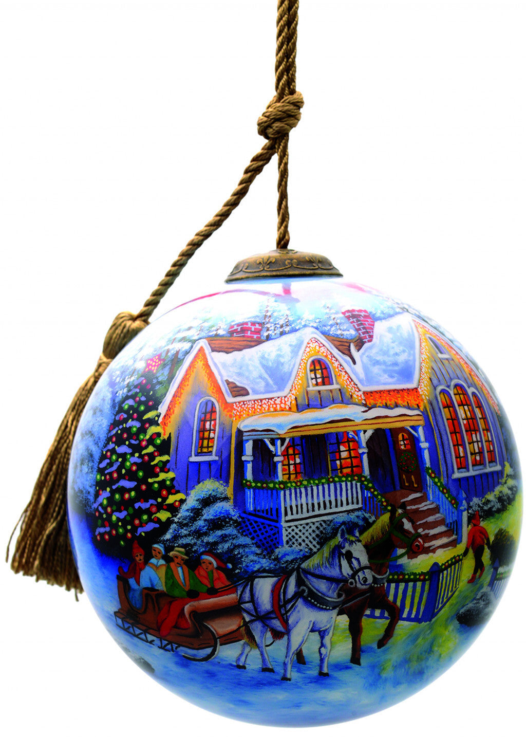 Christmas Home and Horse Carriage Hand Painted Mouth Blown Glass Ornament W2B