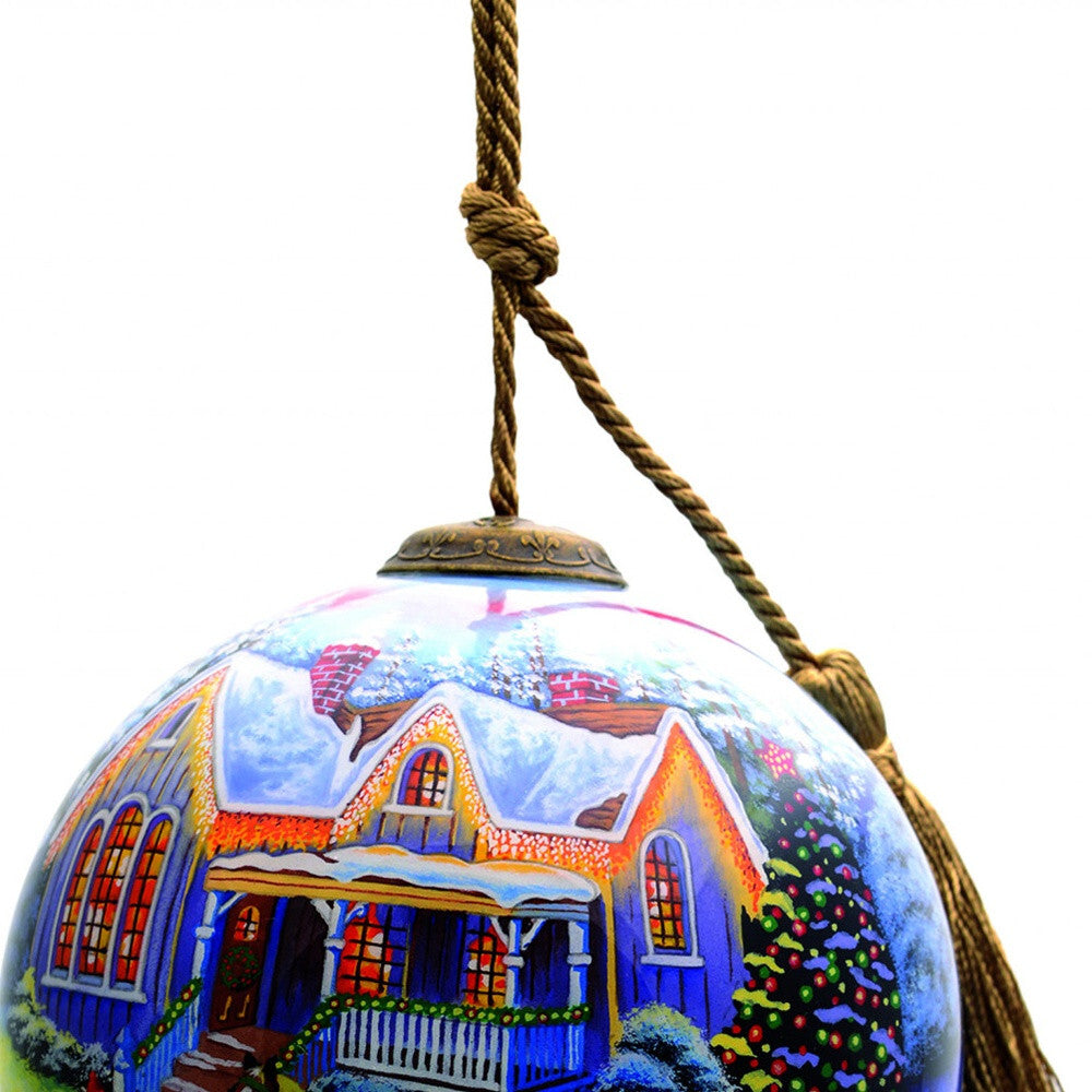 Christmas Home and Horse Carriage Hand Painted Mouth Blown Glass Ornament W2B