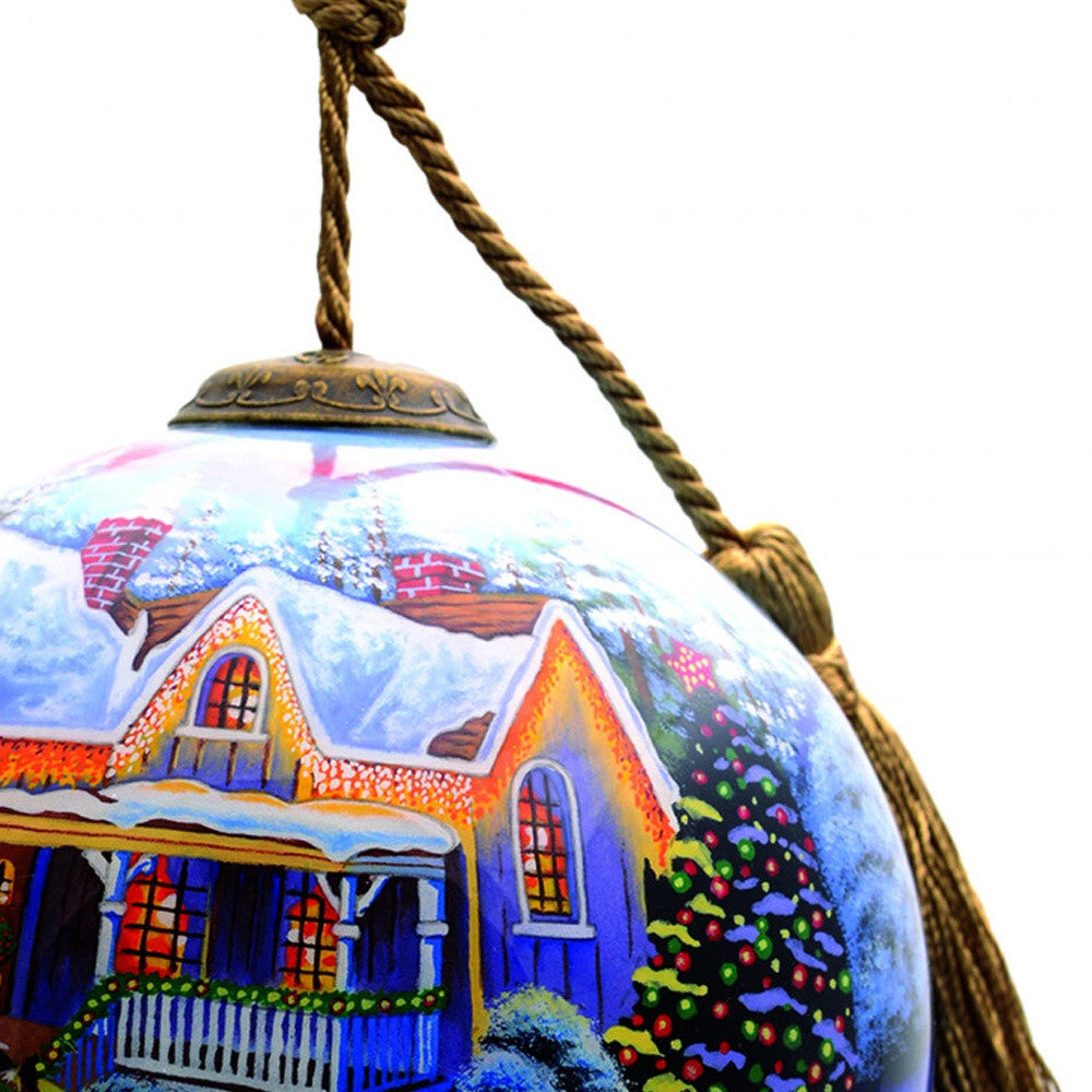 Christmas Home and Horse Carriage Hand Painted Mouth Blown Glass Ornament W2B
