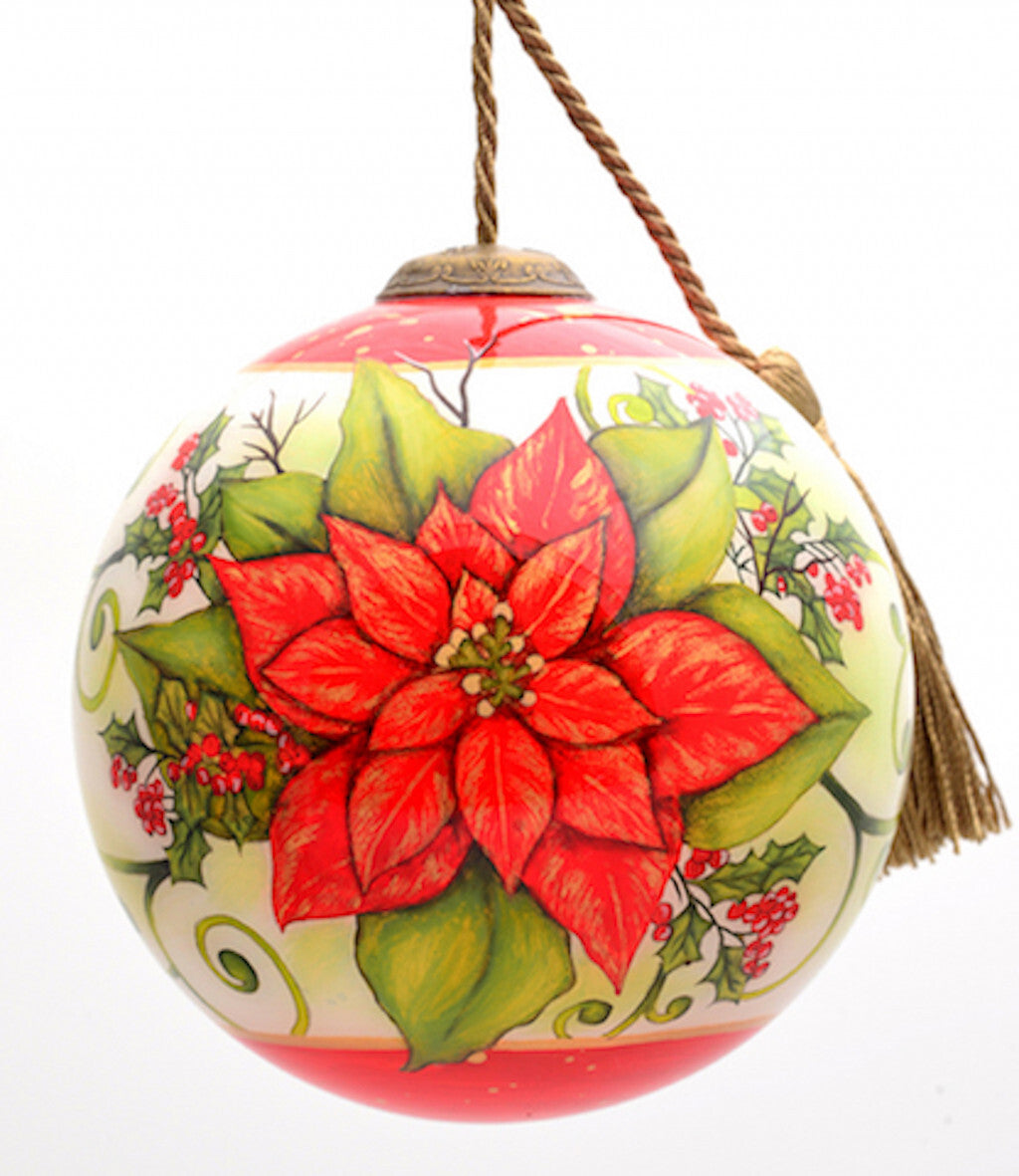 Poinsettia Flower Hand Painted Mouth Blown Glass Ornament W2B