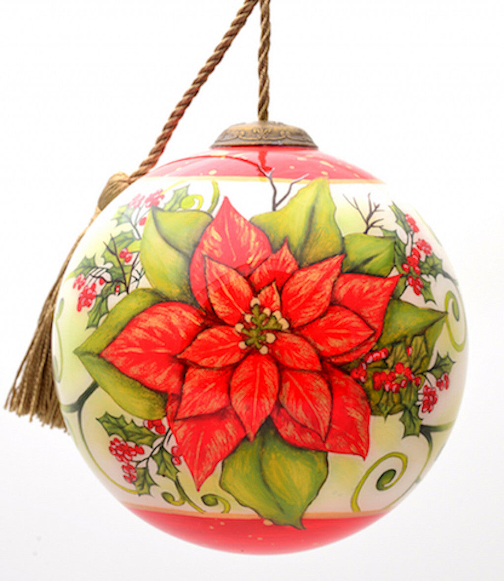 Poinsettia Flower Hand Painted Mouth Blown Glass Ornament W2B