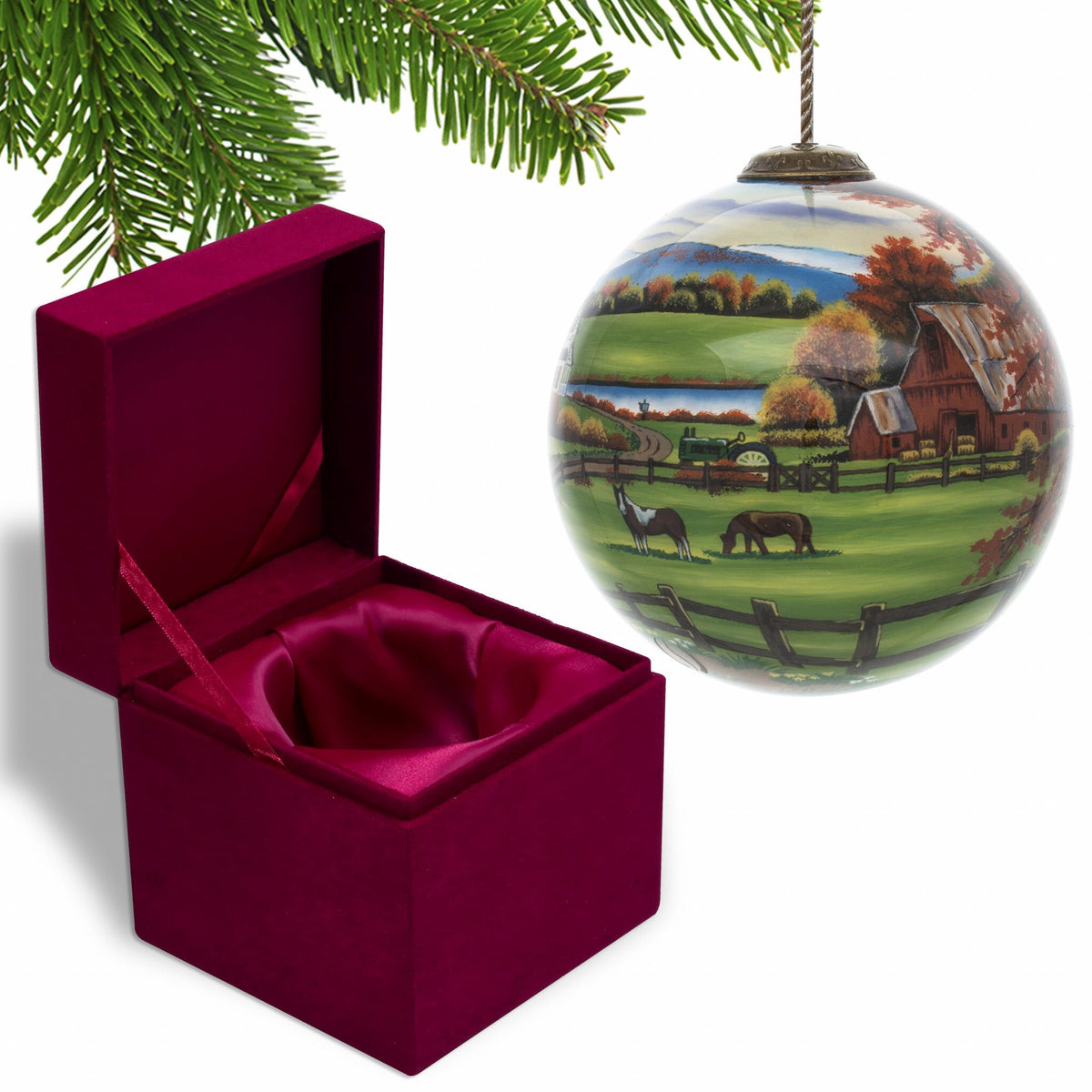 Farm in the Fall Scenery Hand Painted Mouth Blown Glass Ornament W2B