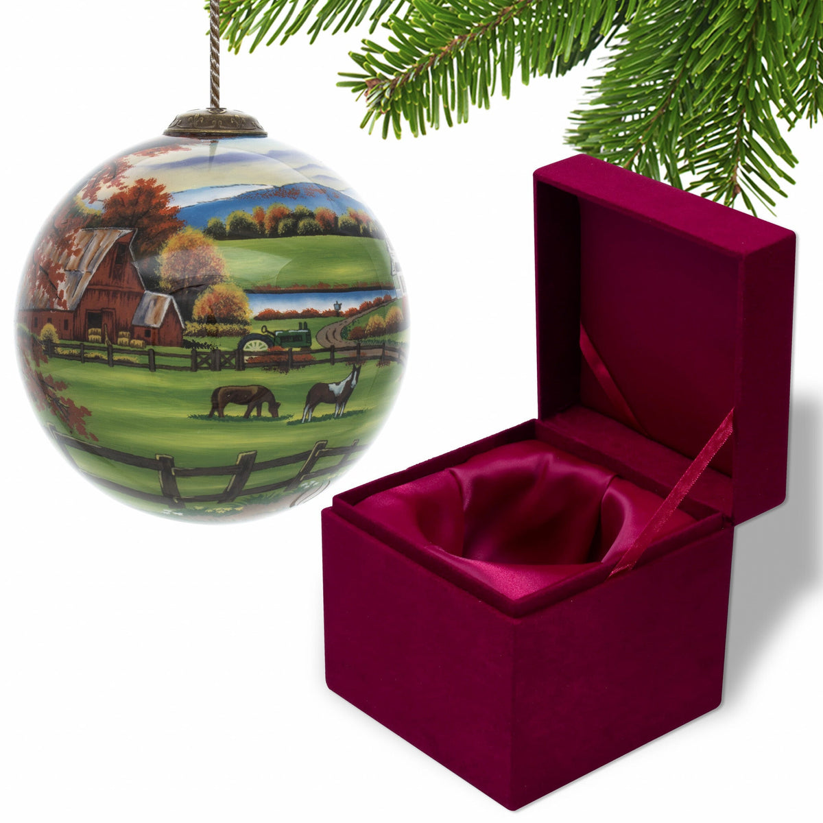 Farm in the Fall Scenery Hand Painted Mouth Blown Glass Ornament W2B