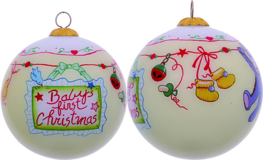 Baby's First Christmas with Motifs Hand Painted Mouth Blown Glass Ornament W2B