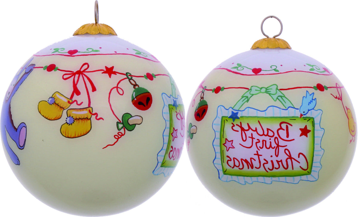 Baby's First Christmas with Motifs Hand Painted Mouth Blown Glass Ornament W2B