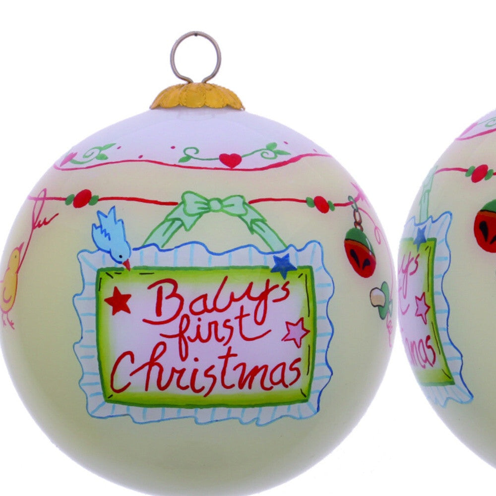 Baby's First Christmas with Motifs Hand Painted Mouth Blown Glass Ornament W2B