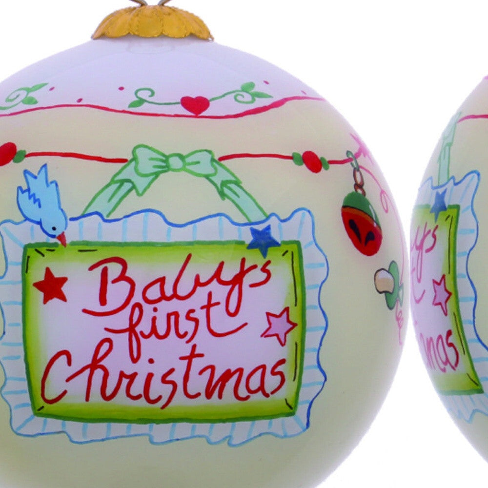 Baby's First Christmas with Motifs Hand Painted Mouth Blown Glass Ornament W2B