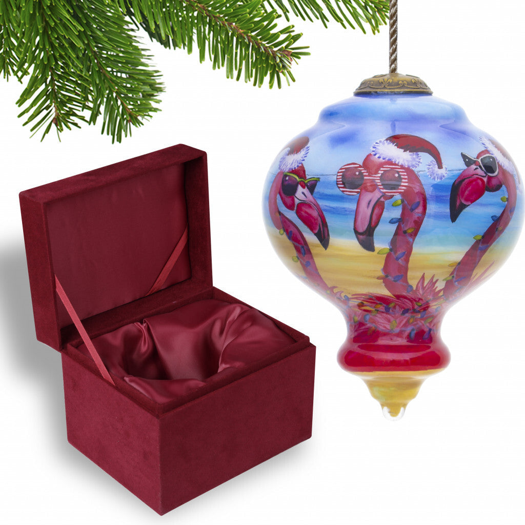 Pink Christmas Flamingos Hand Painted Mouth Blown Glass Ornament W2B