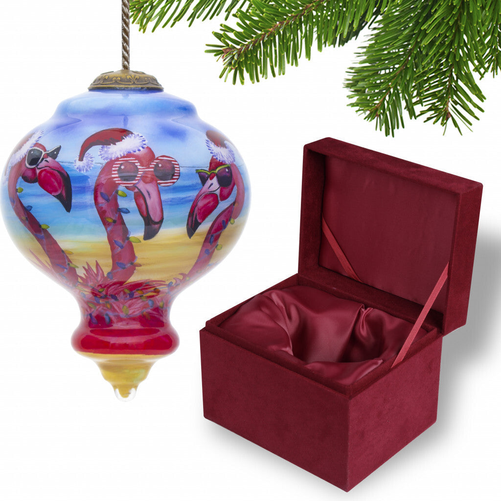 Pink Christmas Flamingos Hand Painted Mouth Blown Glass Ornament W2B