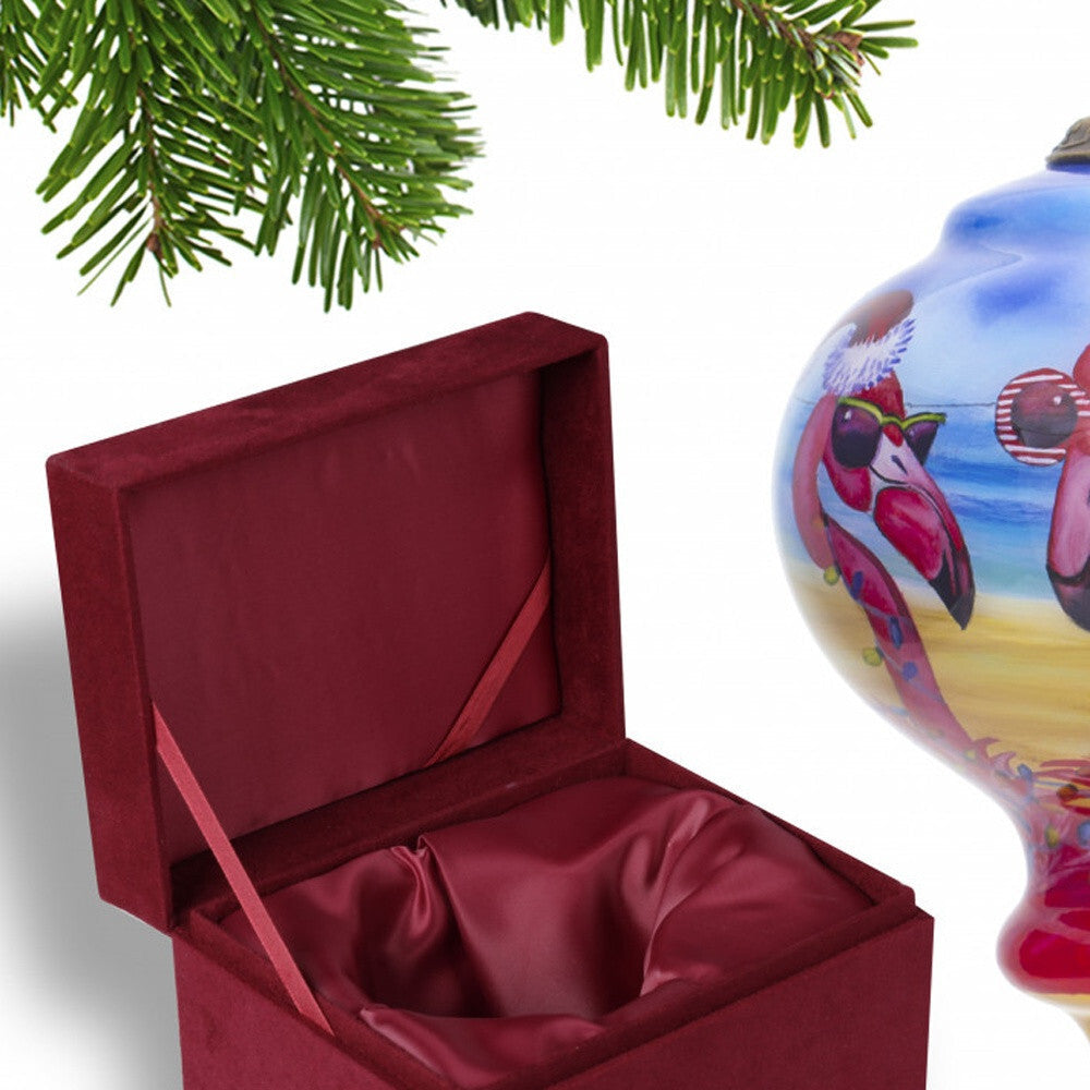 Pink Christmas Flamingos Hand Painted Mouth Blown Glass Ornament W2B