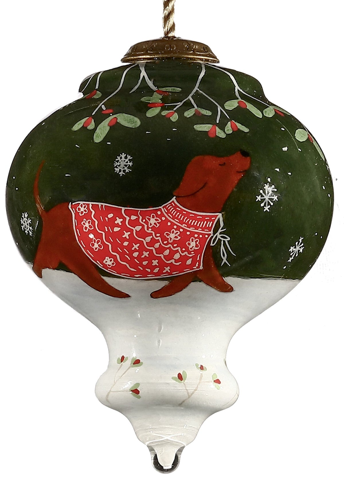 Trotting Dog in Comfy Christmas Attire Hand Painted Mouth Blown Glass Ornament W2B