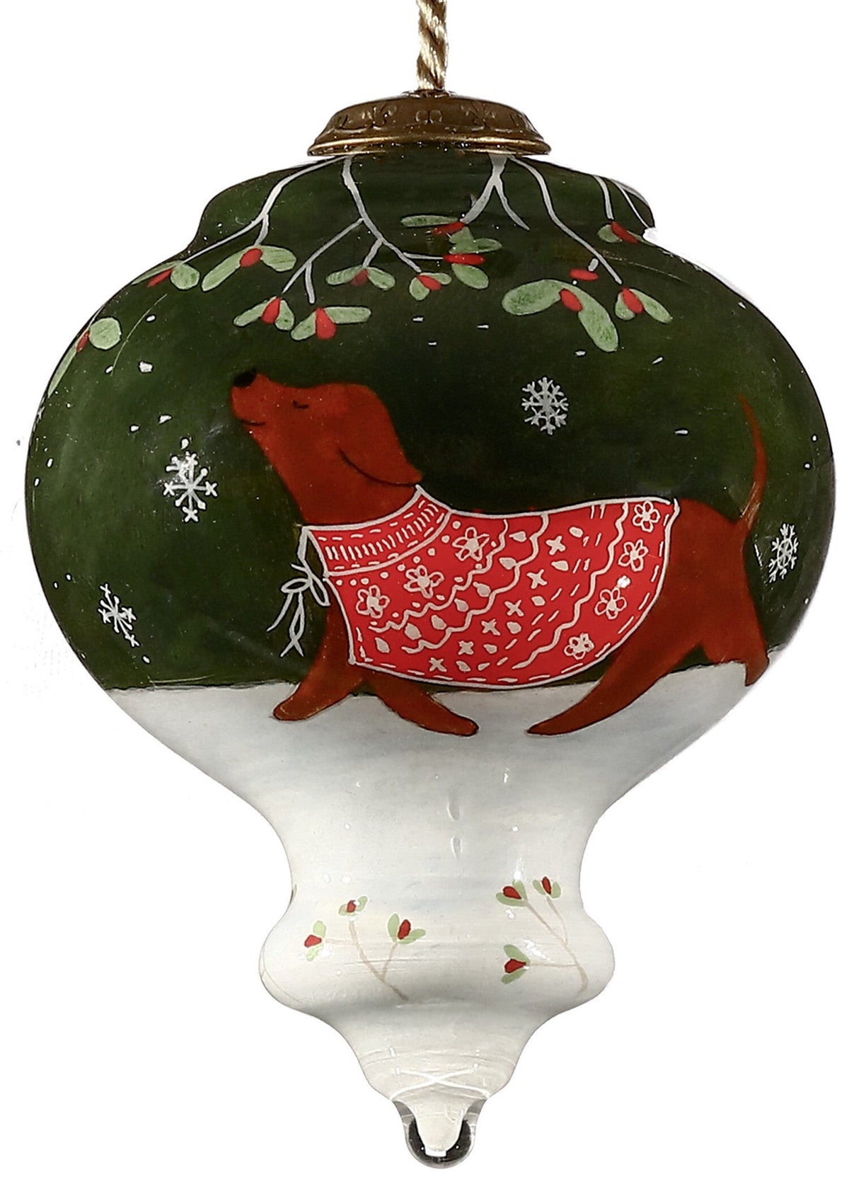 Trotting Dog in Comfy Christmas Attire Hand Painted Mouth Blown Glass Ornament W2B