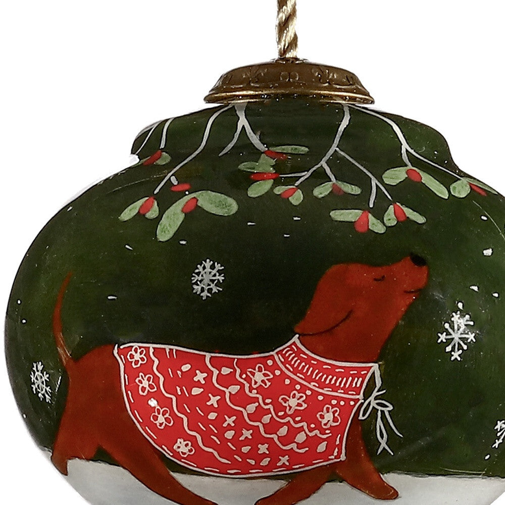 Trotting Dog in Comfy Christmas Attire Hand Painted Mouth Blown Glass Ornament W2B