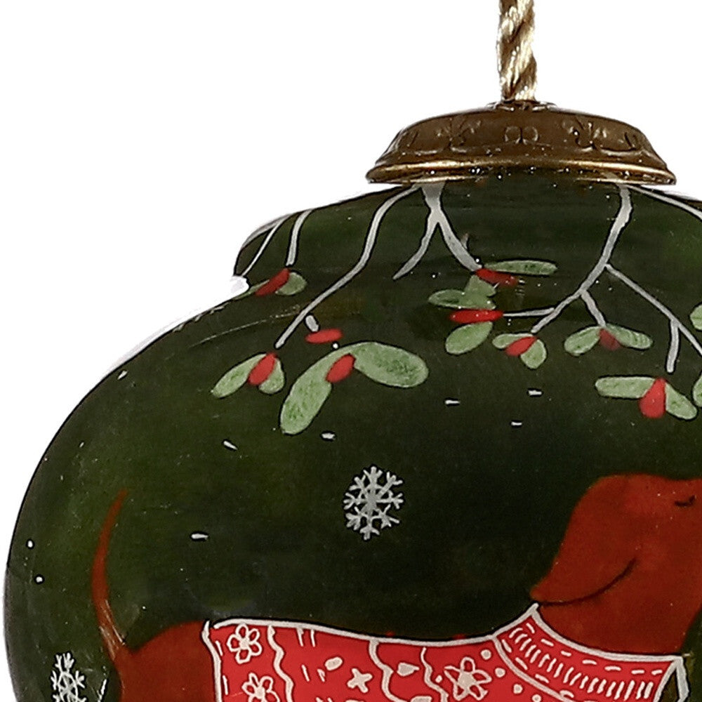 Trotting Dog in Comfy Christmas Attire Hand Painted Mouth Blown Glass Ornament W2B