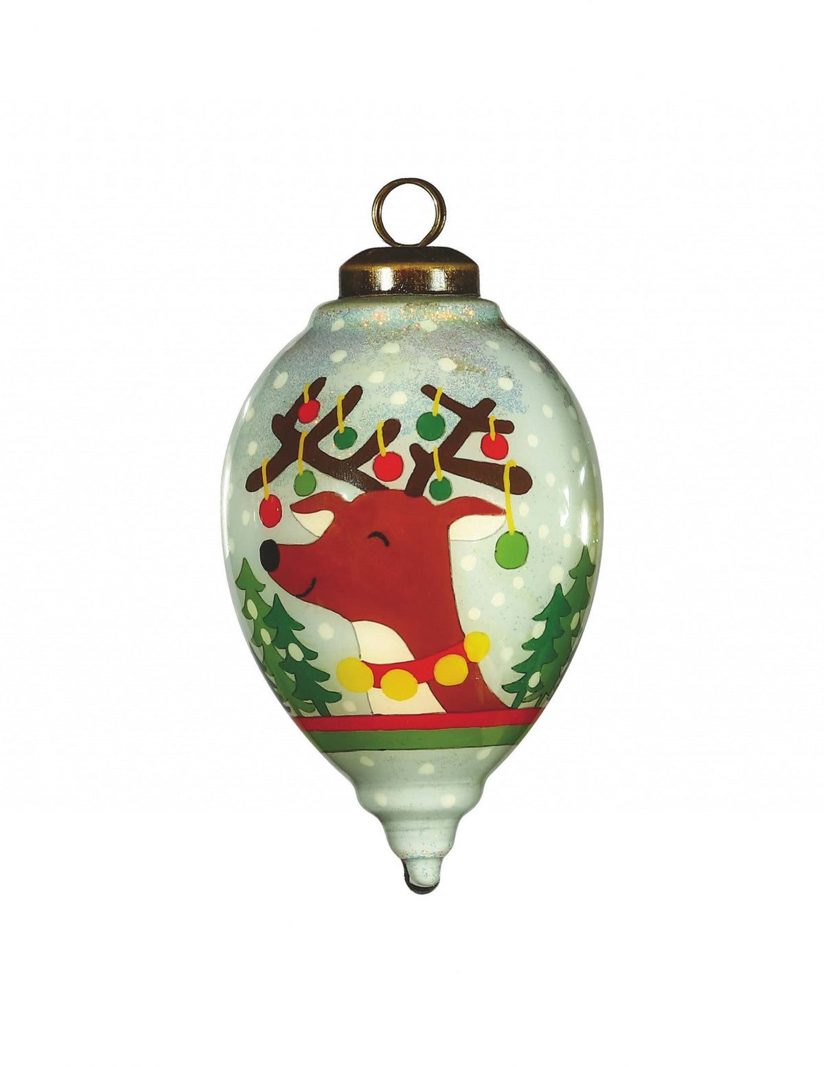 Festive Glitter Reindeer with Lights Hand Painted Mouth Blown Glass Ornament W2B