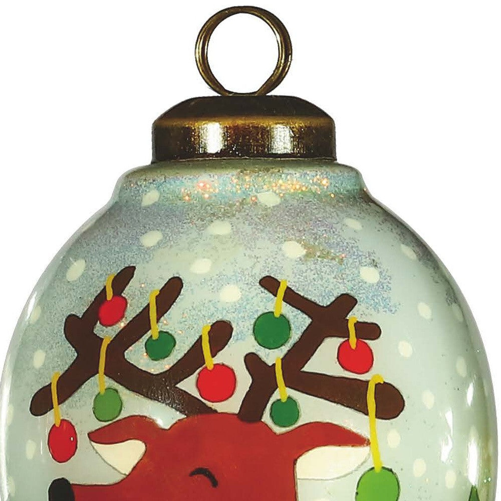 Festive Glitter Reindeer with Lights Hand Painted Mouth Blown Glass Ornament W2B