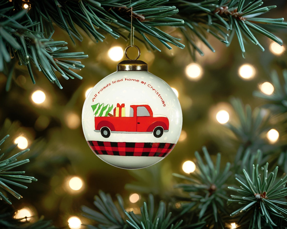 Red Pickup Truck with Presents Hand Painted Mouth Blown Glass Ornament W2B