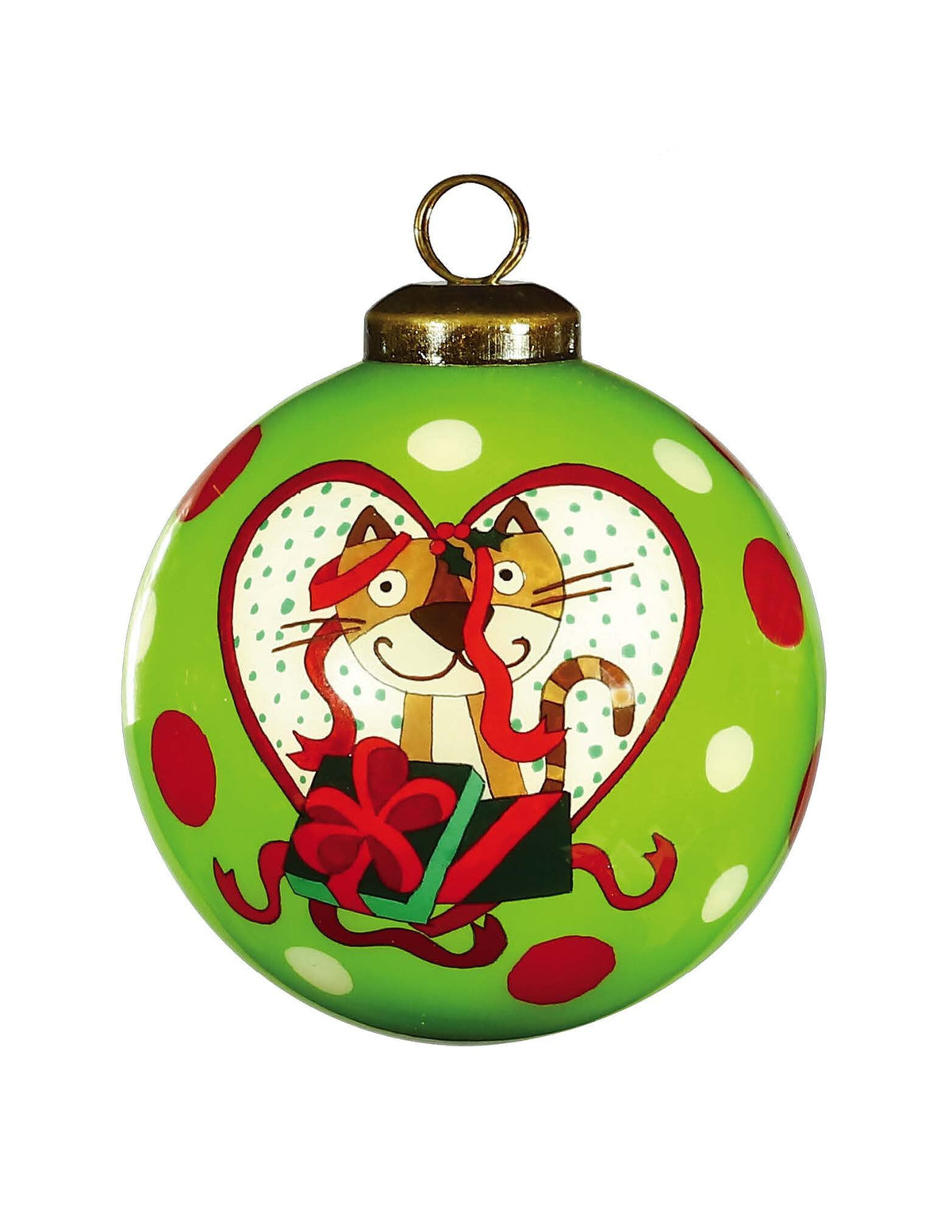 Charming Cat in a Heart Hand Painted Mouth Blown Glass Ornament W2B