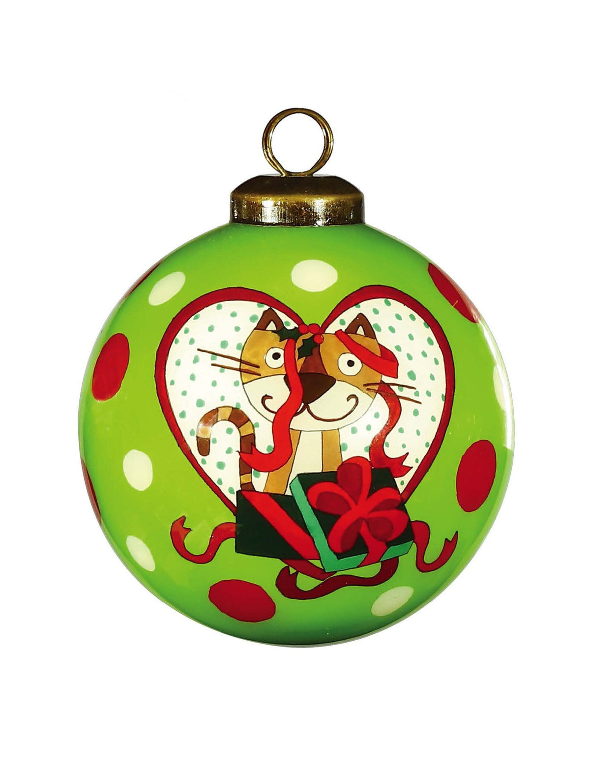 Charming Cat in a Heart Hand Painted Mouth Blown Glass Ornament W2B