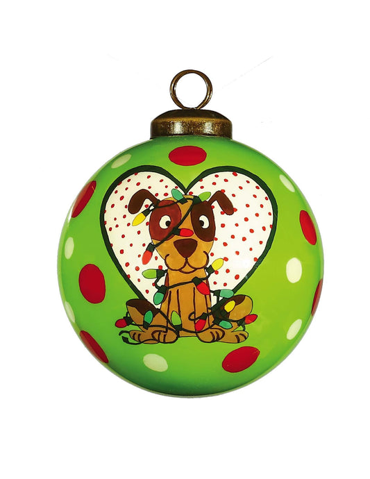 Charming Dog in a Heart Hand Painted Mouth Blown Glass Ornament W2B