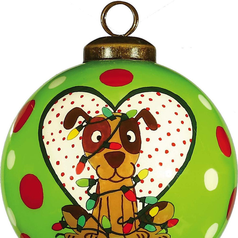 Charming Dog in a Heart Hand Painted Mouth Blown Glass Ornament W2B